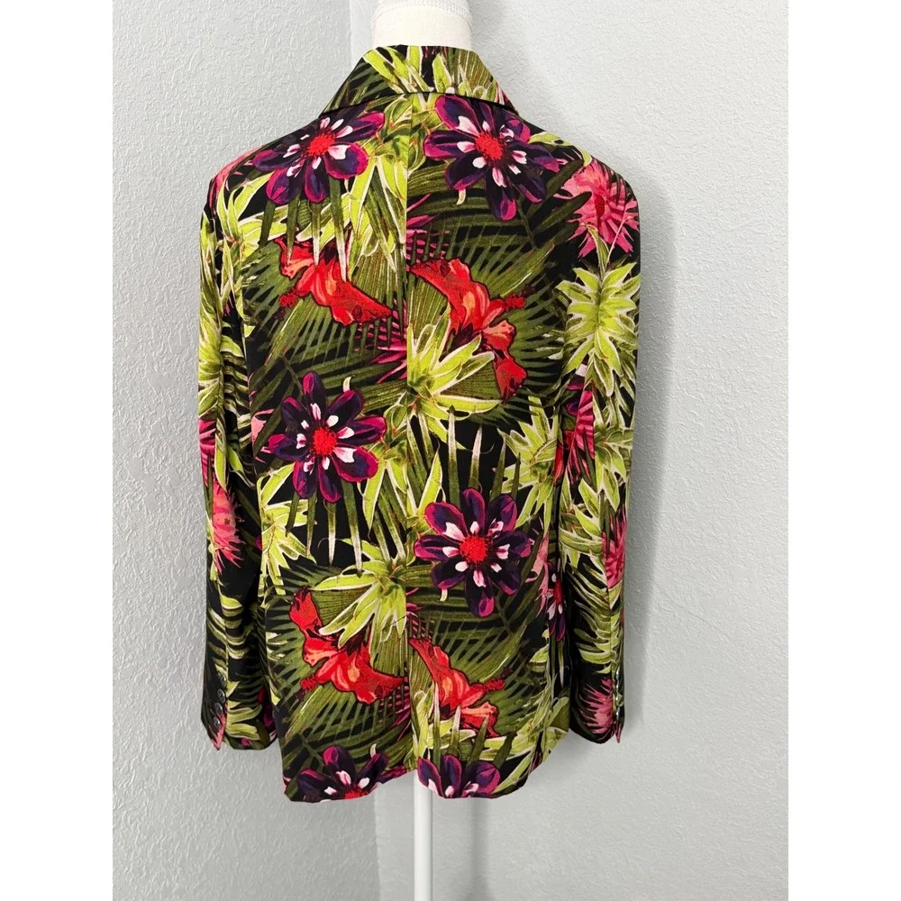 Chicos Tropical Palm Floral Blazer Jacket Green Pink Botanical Print Size 2 LGE - Picture 5 of 7